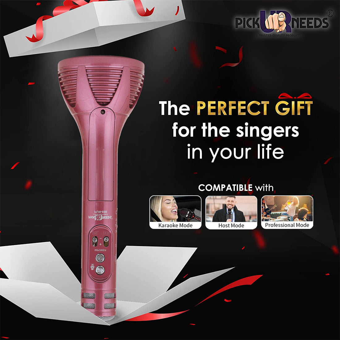 Pick Ur Needs Karaoke Mic with Led Light Wireless Bluetooth Microphone Connection Player Speaker 2-in1 with Recording + USB+FM